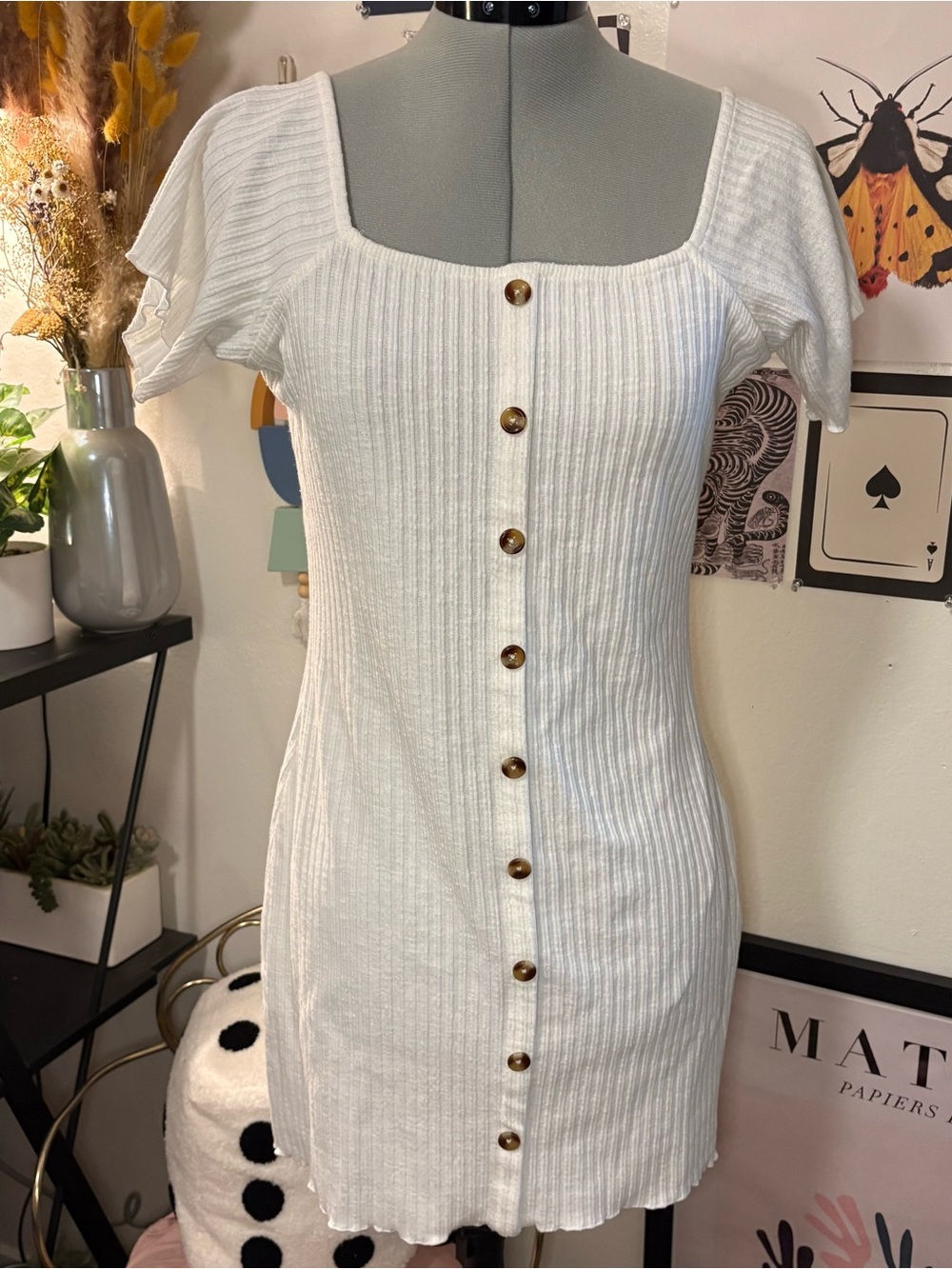 Roxy White Ribbed Square Neck Mini Dress Size M
